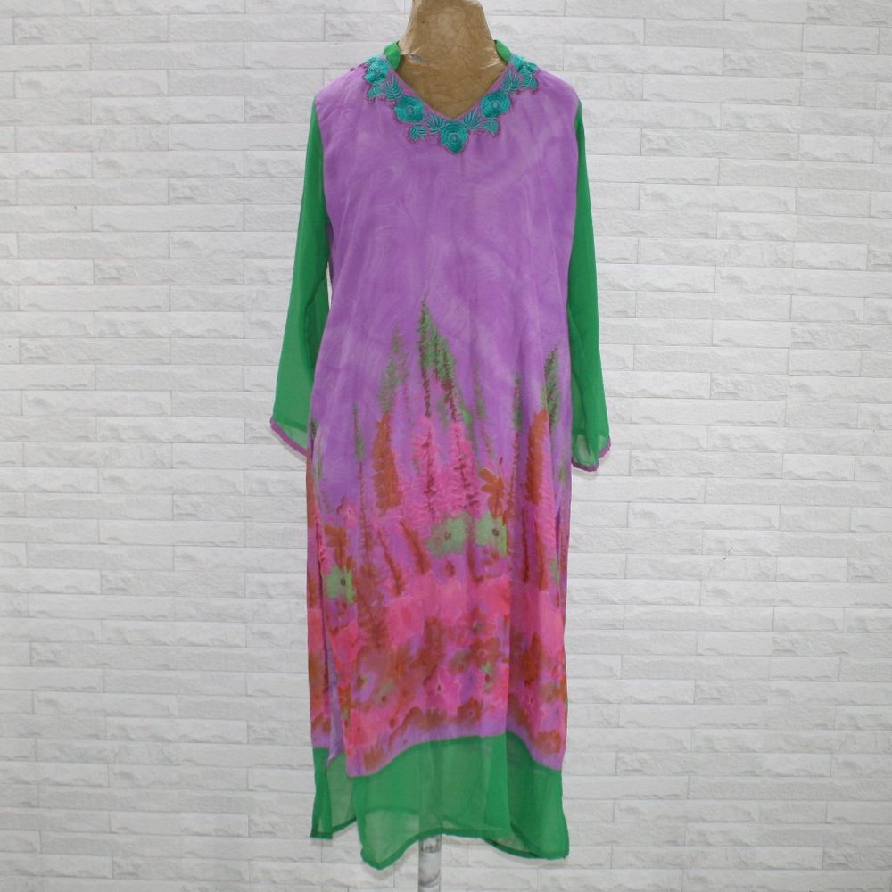 HANDMADE Kurta Purple Green Teal Dress Floral Embroidered Swim Cover